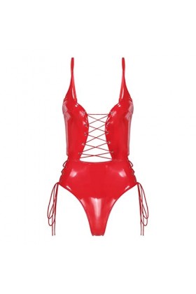 Femmes Lingerie Tasses Teddies En Cuir Halter Crop Top Zipper Entrejambe High Cut Body Wet Look Clubwear Costumes-Rouge C,L