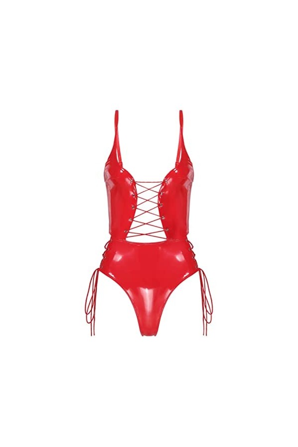 Femmes Lingerie Tasses Teddies En Cuir Halter Crop Top Zipper Entrejambe High Cut Body Wet Look Clubwear Costumes-Rouge C,L