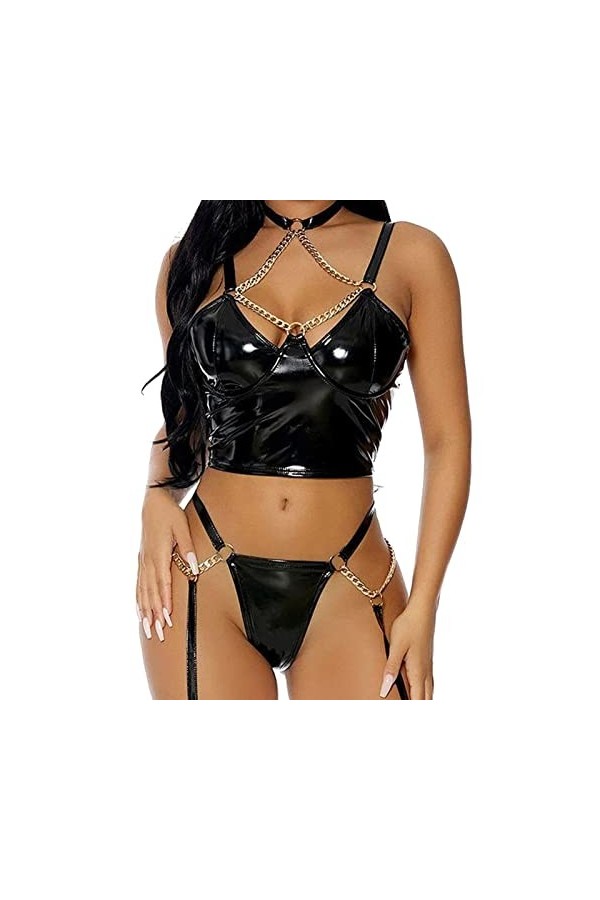 UOWEG Femmes Sexy Lingerie Panty Set Cuir Chaîne Métal Halter Neck Corset Dentelle Noire Black, L 