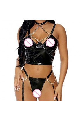 UOWEG Femmes Sexy Lingerie Panty Set Cuir Chaîne Métal Halter Neck Corset Dentelle Noire Black, L 