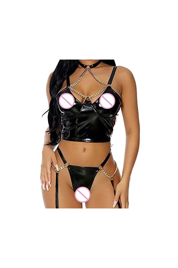 UOWEG Femmes Sexy Lingerie Panty Set Cuir Chaîne Métal Halter Neck Corset Dentelle Noire Black, L 
