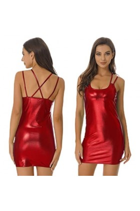 CHOUBAGUAI Robe en cuir verni métallique pour femme - Style tendance, croisé dans le dos - Bretelles spaghetti sexy - Bleu - 