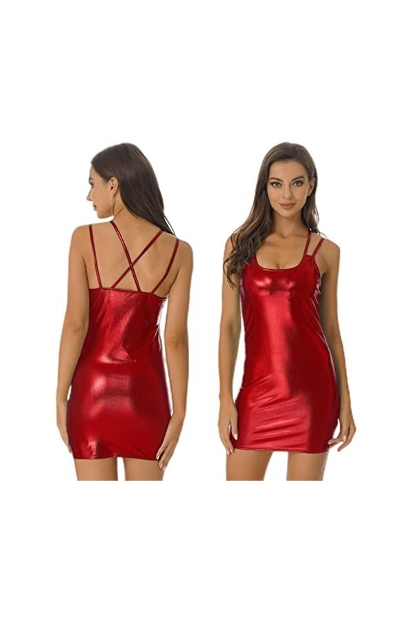 CHOUBAGUAI Robe en cuir verni métallique pour femme - Style tendance, croisé dans le dos - Bretelles spaghetti sexy - Bleu - 