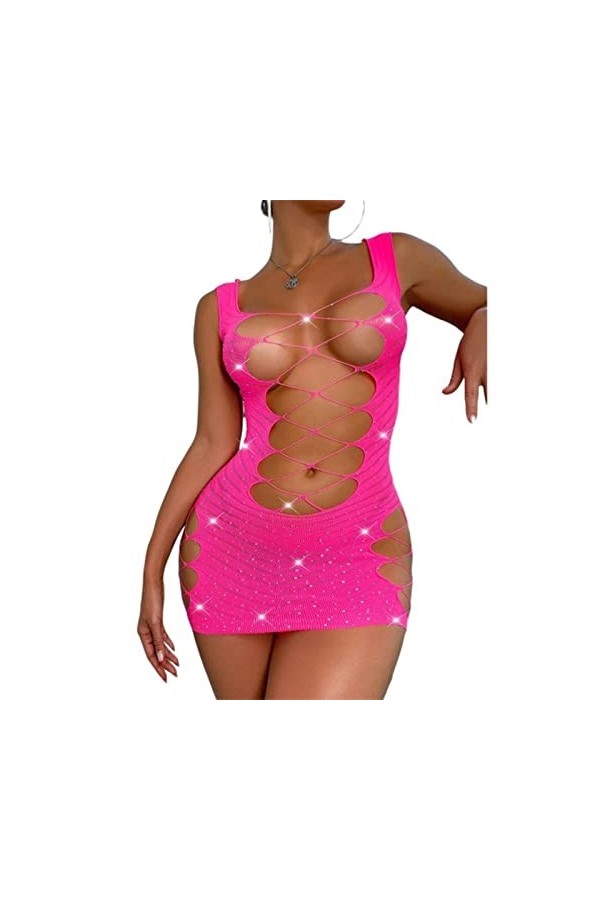 EVRIO Femmes Sexy Cross&nbsp;Out Lingerie Bodycon Robe Strass Clouté Fronde Bas Poitrine Slim Slip Short Nighttwear Mini Robe