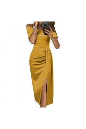 WarsoniodSona Robe Maxi Sexy À Épaule Dénudée pour Femme, Robe Élastique Taille Haute De Couleur Unie Serrée Robe Longue Sexy