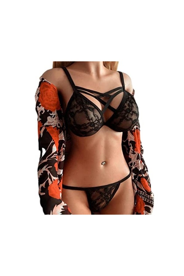 CABULE Ensemble de lingerie sexy pour femme avec soutien-gorge à suspendre en dentelle noire et string - C-Noir, XL