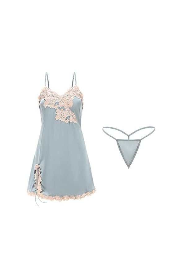 Bodys Femme Lingerie Sexy en Dentelle Transparente pour Femme Grande Taille Chemise De Nuit À Bretelles,Bleu 1,M