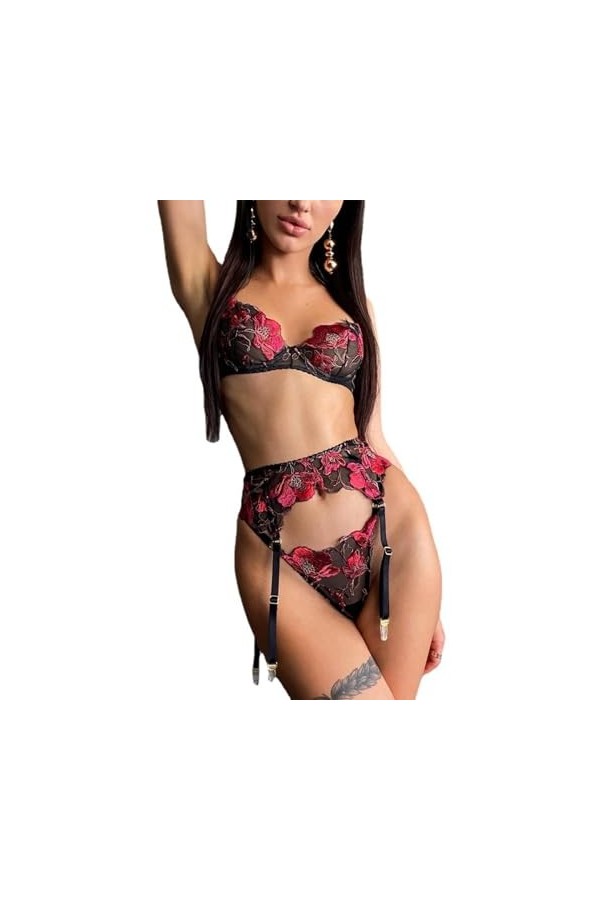 Tissu en mailleSexy Red Pure Lingerie érotique Trois pièces, Rouge, XL
