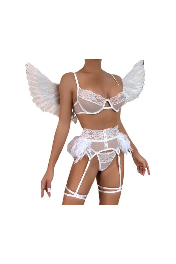 Plus Grande tailleSexy Tight Lingerie érotique Femme Quatre pièces, Blanc, M