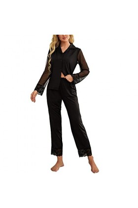 Pyjama de Noël pour femme Sexy Stain Ice Silk - Manches longues - 2 pièces - Panneau en dentelle - Costume Homewear sexy pour
