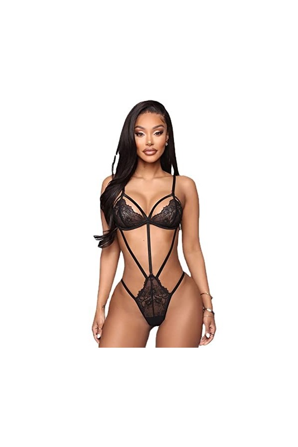CorsetFemme d’été Sexy à Bande Taille Ouverte ajourée sous-vêtement érotique Transparent Une-pièce, Noir, 3XL