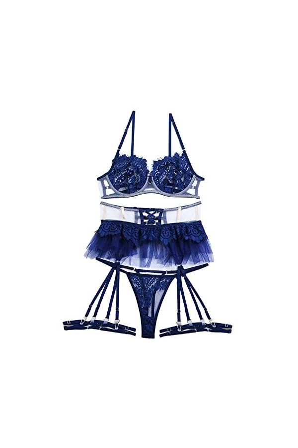 Soutien-Gorge en Dentelle Jarretière Culotte, Anneau de Jambe Ensemble de sous-vêtements en Maille de Dentelle Lavable pour F