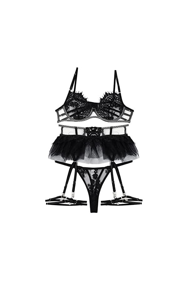 Soutien-Gorge en Dentelle Jarretière Culotte, Anneau de Jambe Ensemble de sous-vêtements en Maille de Dentelle Lavable pour F