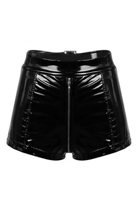 SHANHE Femmes Boucle Réglable Fermeture Éclair Entrejambe Rave Booty Short Wet Look Cuir Verni Hot Pants Pole Dance Rave Cost