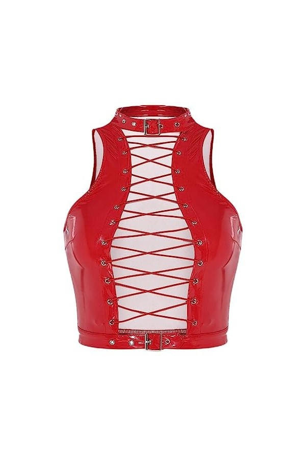 Sexy Womens Leather Tanks Tops Hollow Out Lace-Up Vest Look Cuir Verni sans Manches Crop Top Party Lingerie Clubwear-Rouge,XX