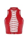 Sexy Womens Leather Tanks Tops Hollow Out Lace-Up Vest Look Cuir Verni sans Manches Crop Top Party Lingerie Clubwear-Rouge,XX