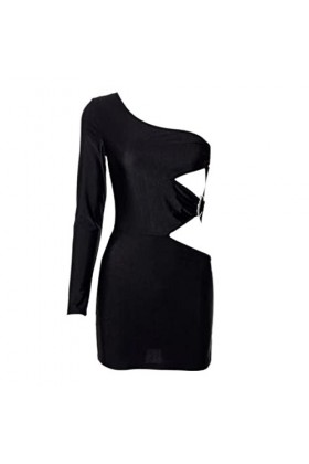 OKGD Robe sexy ajourée pour femme - Robe à manches longues et anneau en métal - Noir - S