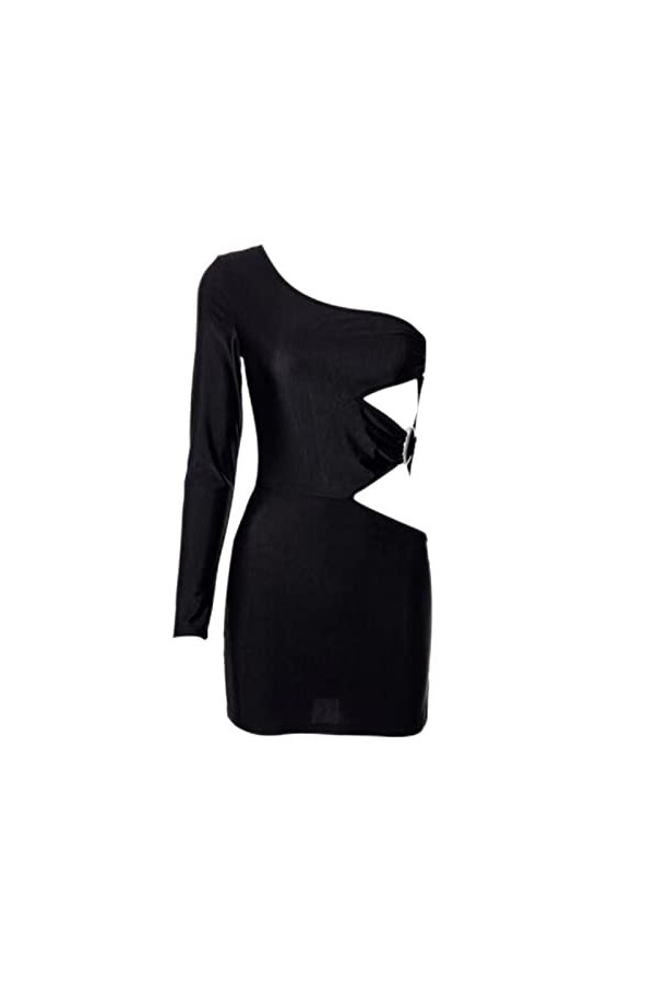 OKGD Robe sexy ajourée pour femme - Robe à manches longues et anneau en métal - Noir - S