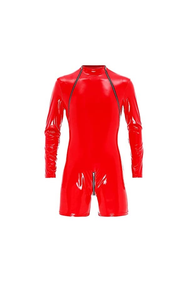 Mufeng Combinaison Homme Sexy Catsuit en Cuir Verni Lingerie Zip Jumpsuit Wetlook Body Manches Longues Erotique Costume Clubw