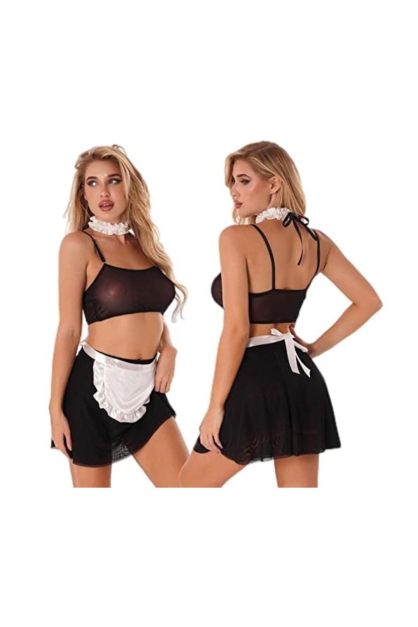 CHOUBAGUAI Ensemble de lingerie en maille transparente pour cosplay de soubrette avec bretelles réglables, caraco jupe, annea