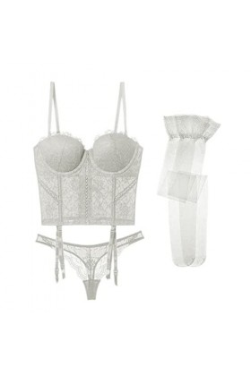 WEITING Ensemble soutien-gorge sexy en V profond avec string et porte-jarretelles pour femme, noir, 70B