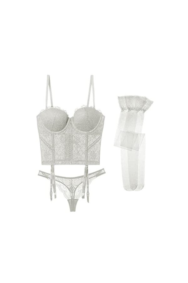 WEITING Ensemble soutien-gorge sexy en V profond avec string et porte-jarretelles pour femme, noir, 70B