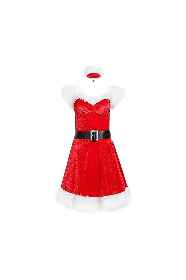 liaddkv Femmes Bal de Noël Fête Jeu de Rôle Sexy Fille Chapeau + Robe + Ceinture Ensemble Tenues Robe de Noël Femmes Rouge, 