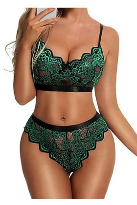 CorsetSexy Femme Soutien-Gorge Culotte Deux pièces Ensemble Lingerie érotique, Vert, L