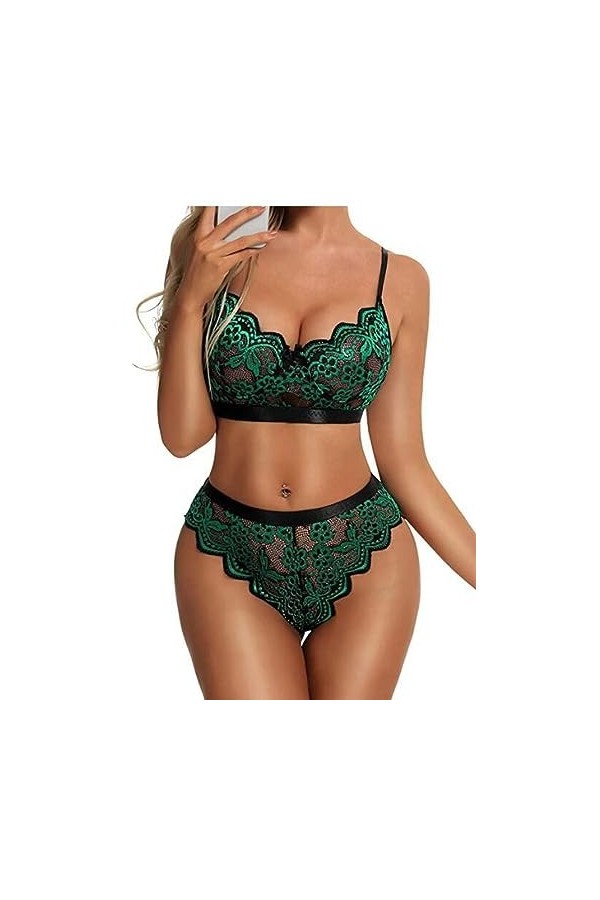 CorsetSexy Femme Soutien-Gorge Culotte Deux pièces Ensemble Lingerie érotique, Vert, L