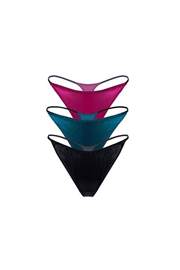 String sexy en soie et élasthanne pour femme avec dos en T et satin doux, Rose violet, bleu turc et noir, L