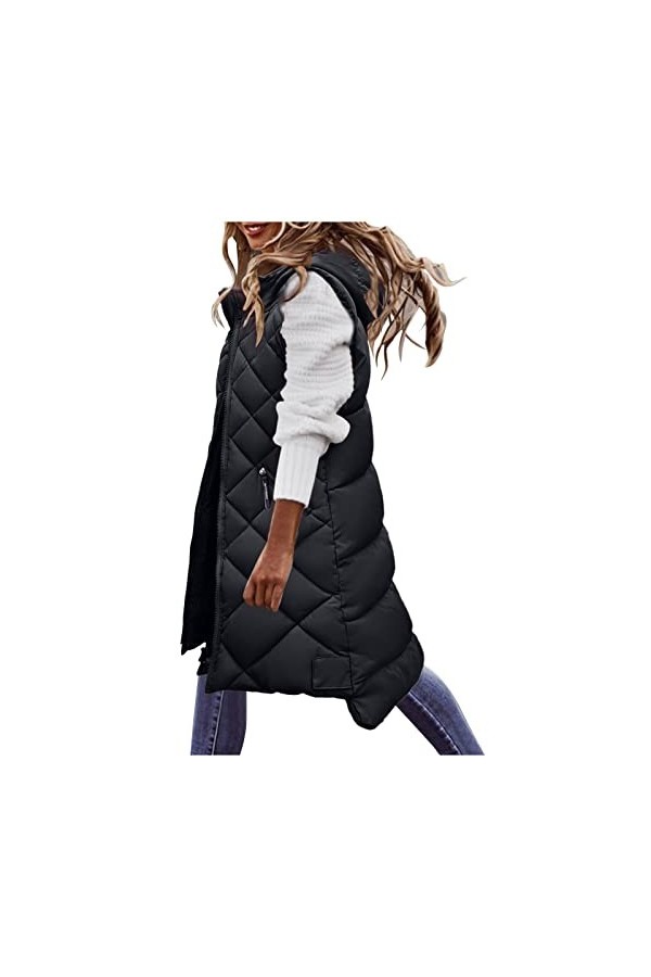 Gefomuofe Gilet matelassé pour femme - Veste matelassée sans manches - Légère et longue - Fermeture éclair - Couleur unie - C
