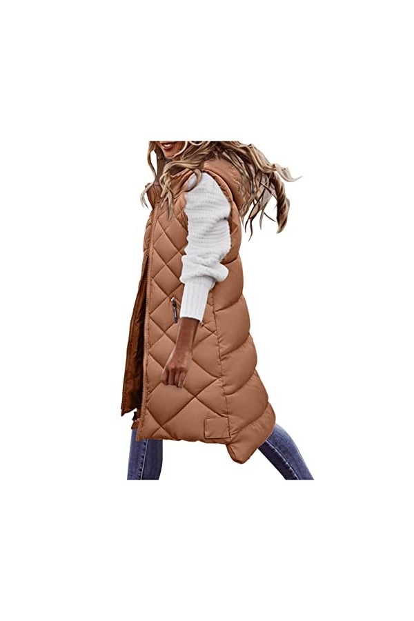 Gefomuofe Gilet matelassé pour femme - Veste matelassée sans manches - Légère et longue - Fermeture éclair - Couleur unie - C