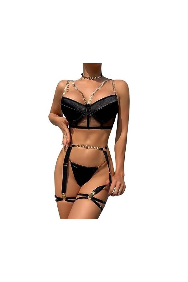 Lingerie pour Femmes avec Porte-Jarretelles Cou Soutien-Gorge Et Culotte Sexy Taches Bretelles Body 5 Pièces Soutien-Gorge Et