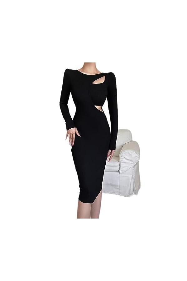 SHANHE Gothique Évider Noir Robe Longue Femmes Sexy Vintage Robe Moulante&nbsp;&nbsp;&nbsp;Obscurité Party Club Streetwear Robes-Noir,S