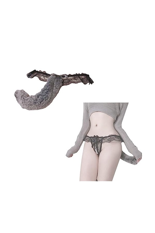 ZHER-LU Femmes Sexy Culotte Dentelle Farbic Amovible Renards Queue String Femmes String Sexy, Blanc, M