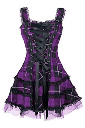 SHANHE Vintage Plaid Bandage Gothique Femmes A-Ligne Robes Grunge Esthétique Dentelle Garniture Patchwork Mini Robe Punk Moul