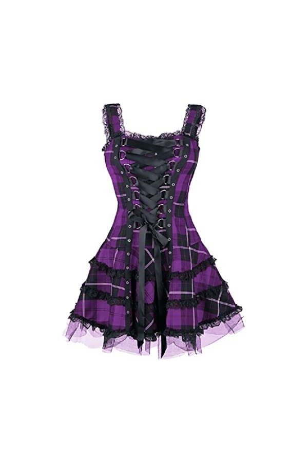 SHANHE Vintage Plaid Bandage Gothique Femmes A-Ligne Robes Grunge Esthétique Dentelle Garniture Patchwork Mini Robe Punk Moul