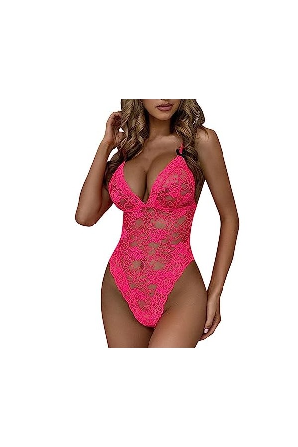 MENGQING Combinaison sexy en dentelle florale pour femme - Combinaison sexy - Pyjama creux - Noir - L