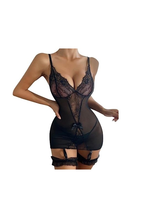 Corset Femme Sexy Dentelle Corset Maille Sheer Pyjama Noir Body String sous-Vêtements-BK,XL