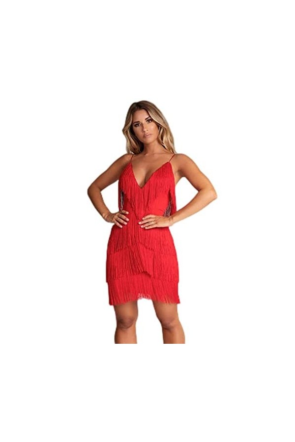 mingxinshangdian Sexy Col V Profond Dos Nu Patchwork Robe Moulante Printemps Été Fringe Tassel Club Party Prom Mini-Black,L