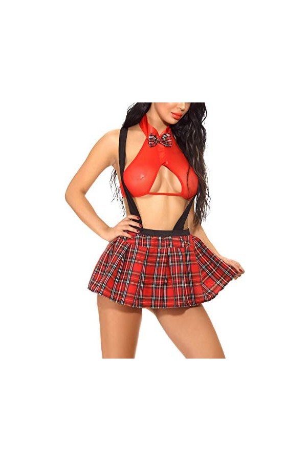 FEOYA Déguisement Ecolière 3 PCS Soutien-Gorge+Jupe Ecossaise+String Uniforme Costume Etudiante Scolaire Ensemble Lingerie Se