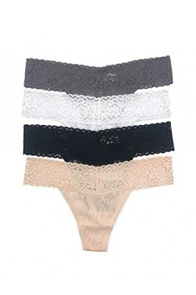 Felina | Signature Stretchy Lace Low Rise Thong | 4-Pack Essential Combo, S/M 