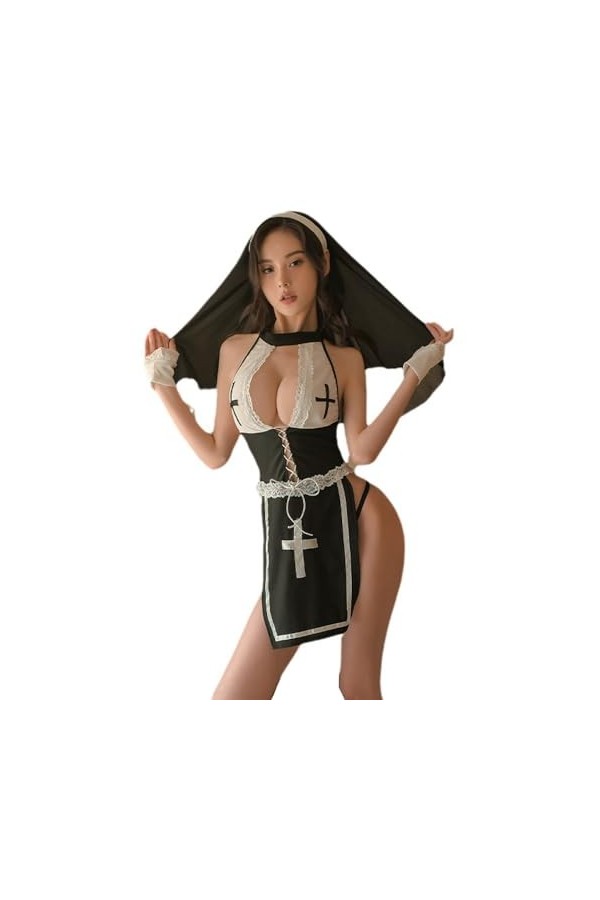 Temptshow Femme Cosplay Nonne Sous-vêtement espiègle Anime Soubrette Robe Sexy Fente Haute Noir 5