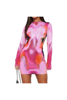 Qoier Femmes Sexy Moulante Mini Robe Skinny Couleur Clash Slim Fit Mode Imprimé Robe Courte Party Clubwear