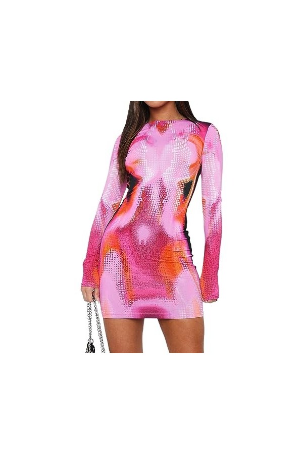 Qoier Femmes Sexy Moulante Mini Robe Skinny Couleur Clash Slim Fit Mode Imprimé Robe Courte Party Clubwear