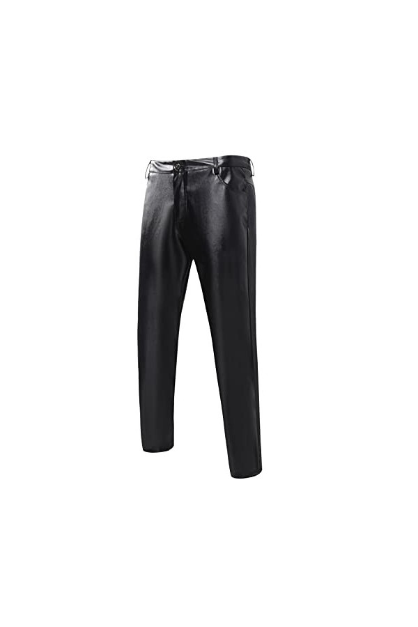 Pantalon avec coupe SIM pour homme - En cuir brillant - Couleur unie - Coupe droite, Noir , XL