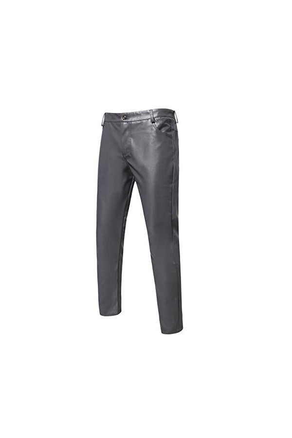 Pantalon avec coupe SIM pour homme - En cuir brillant - Couleur unie - Coupe droite, Noir , XL