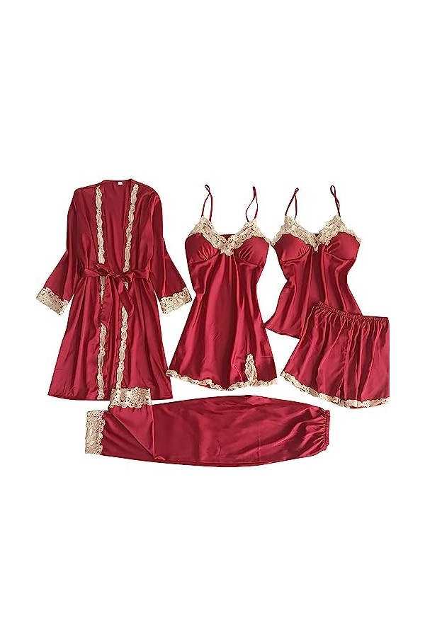 Feiboyy Robe pyjama Stain - Col en V - Satin - Sexy - Coupe ajustée - Bretelles spaghetti réglables - Bretelles dépaule, rou