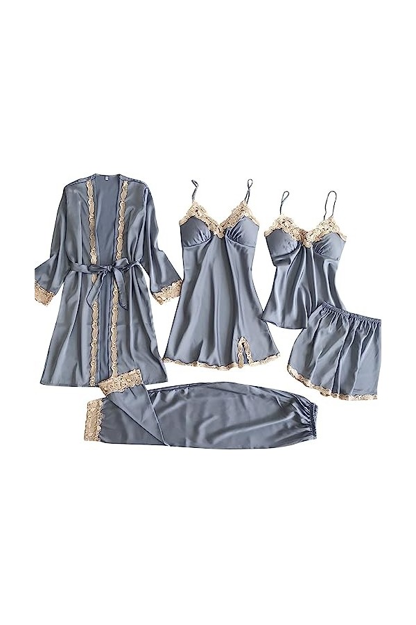 Feiboyy Robe pyjama Stain - Col en V - Satin - Sexy - Coupe ajustée - Bretelles spaghetti réglables - Bretelles dépaule, rou