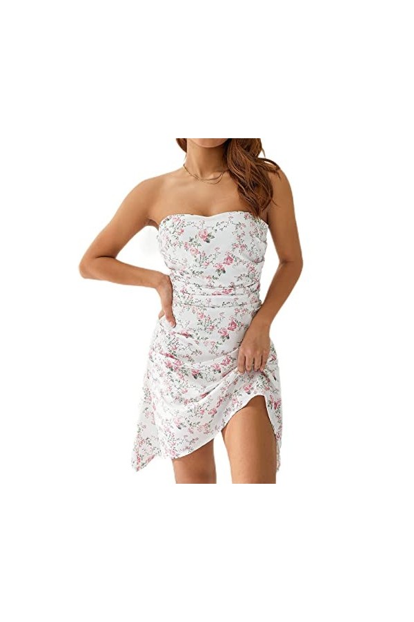 SHANHE Femmes Sexy sans Bretelles Mini Tube Robes Coupe Basse Ruché sans Manches Robe Moulante Fleur Imprimer Robes Dos Nu Pa